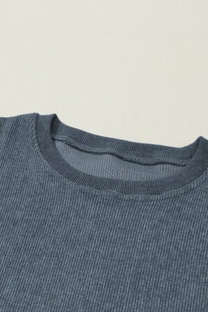 Blue Solid Ribbed Knit Round Neck Pullover Sweatshirt - Image 8