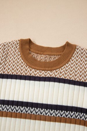 Brown Stripe Stylish Pattern Knitted Ribbed Trim Slim Sweater - Image 13