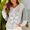 Green Floral Patched Waffle Textured Colorblock V Neck Casual Hooded Top