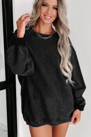 Black Solid Ribbed Knit Round Neck Pullover Sweatshirt - Image 3