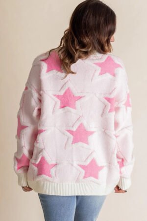 Sachet Pink Oversized Cute Star Pattern Ribbed Edge Drop Shoulder Sweater - Image 2