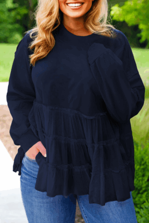 Navy Blue Tiered Ruffle Ribbed Crew Neck Pullover Plus Size Top - Image 6
