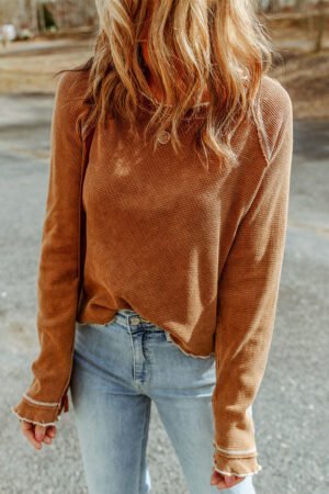 Brown Textured Round Neck Long Sleeve Top - Image 3