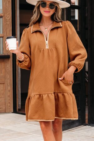 Desert Gold Quarter Zip Collar Bracelet Sleeve Textured Mini Dress