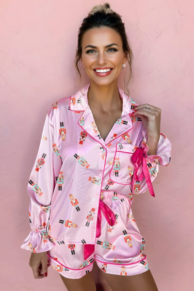 Pink Nutcracker Print Contrast Trim Tied up Bow Silky 2pcs Pajama Set