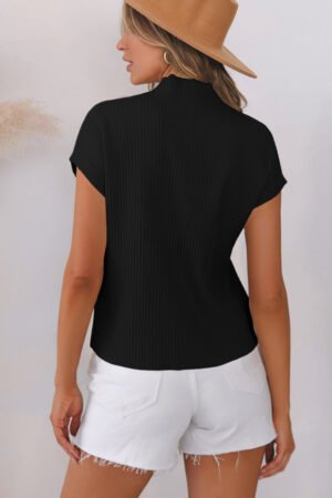 Black Patch Pocket Ribbed Knit Short Sleeve Sweater - Image 5