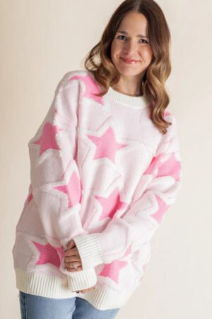 Sachet Pink Oversized Cute Star Pattern Ribbed Edge Drop Shoulder Sweater - Image 5