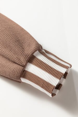 Straw Yellow Waffle Texture Striped Patchwork Button Neck Drawstring Hoodie - Image 8