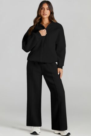 Black Drop Shoulder Zip Up Jacket Drawstring Pants Active 2pcs Set - Image 4