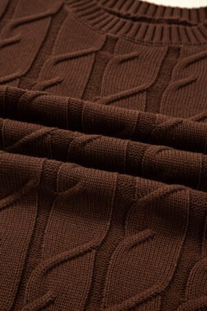 Dark Brown Cable Texture Crew Neck Short Sleeve Sweater Top - Image 10
