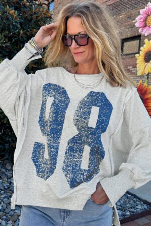 Alternative view of Light Grey Faded Varsity Print Loose Pullover Top
