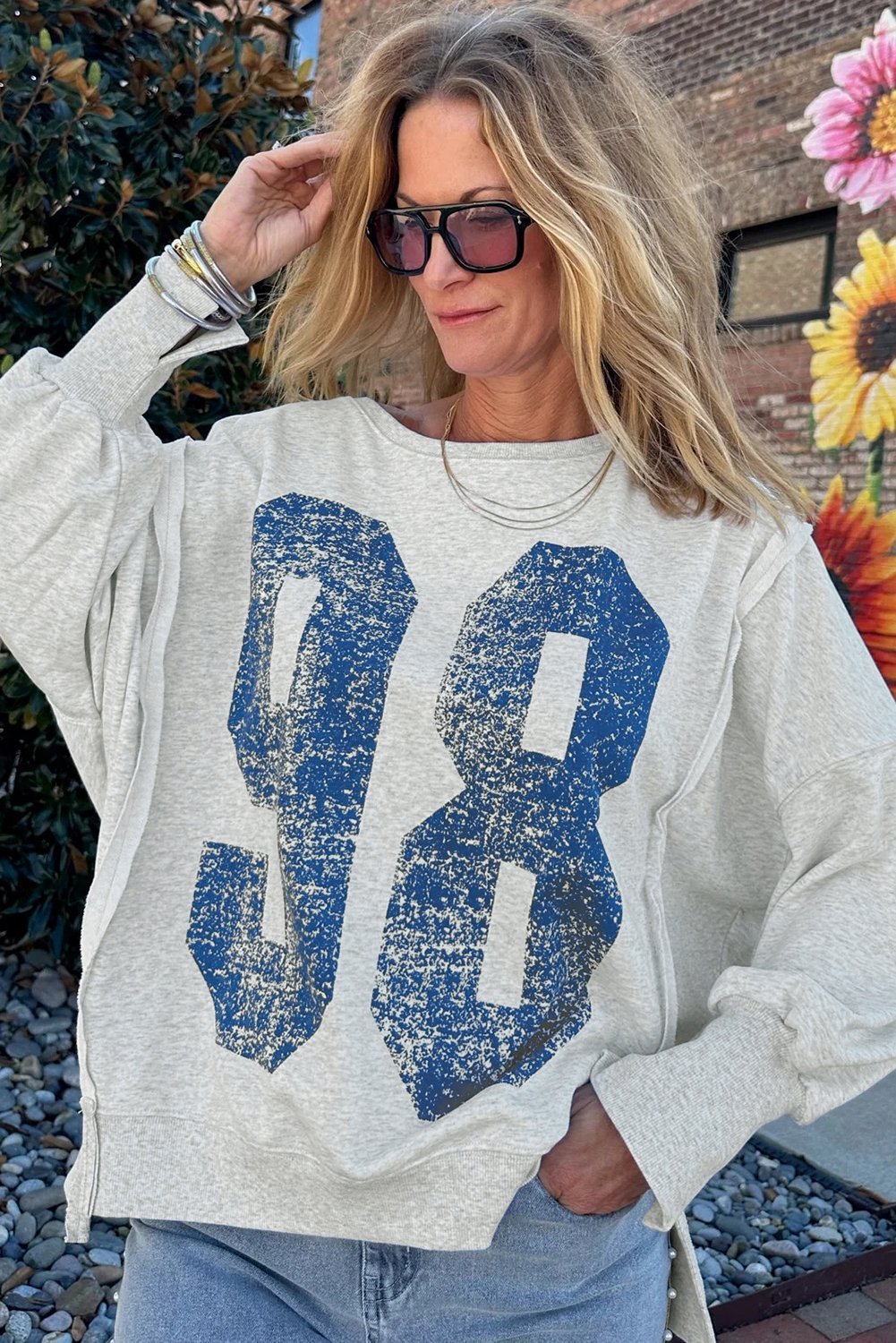 Light Grey Faded Varsity Print Loose Pullover Top - Image 2