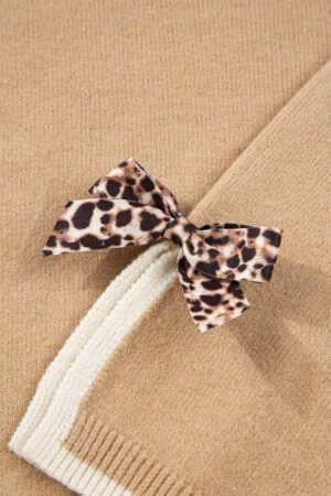 Tan Leopard Bow Decor Split Cuff Contrast Trim Sweater - Image 7