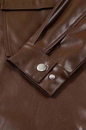 Chicory Coffee Double Flap Pocket Drawstring Hem Leather Jacket - Image 10