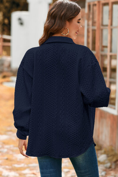 Navy Blue Cable Texture Puff Sleeve Loose Shacket