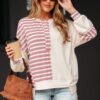 Pink Stripe Stitched Detail Color Block Patchwork Oversized Pullover Top