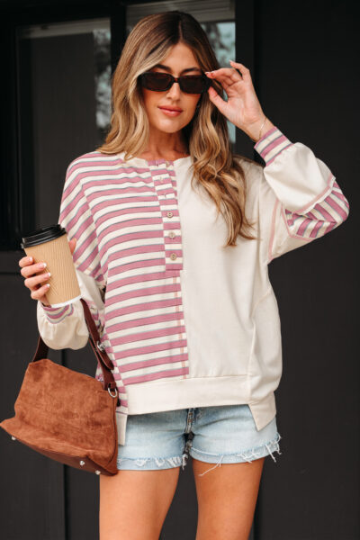 Pink Stripe Stitched Detail Color Block Patchwork Oversized Pullover Top