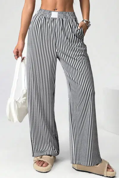 Black Stripe Elastic High Waist Pocketed Loose Pants