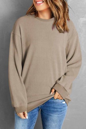 Khaki Solid Ribbed Knit Round Neck Pullover Sweatshirt - Image 4