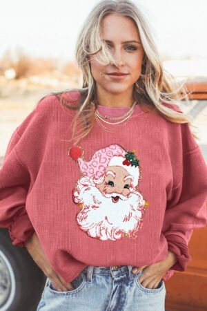 Strawberry Pink Santa Claus Sparkle Corded Crew Neck Sweatshirt - Image 4