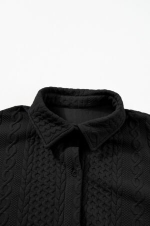 Black Cable Texture Puff Sleeve Loose Shacket - Image 7