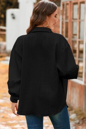Black Cable Texture Puff Sleeve Loose Shacket - Image 2