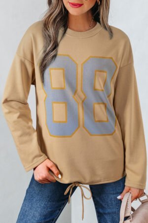 Khaki 88 Number Graphic Drawstring Hemline Oversize Long Sleeve Top - Image 4
