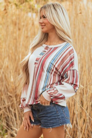 Beige Striped Waffle Patchwork Exposed Seam Raw Edge Casual Knit Top - Image 3
