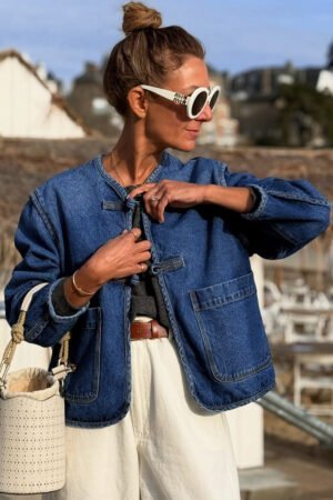 Sail Blue Vintage Fastening Big Patched Pockets Straight Cut Deep Wash Denim Jacket - Image 4