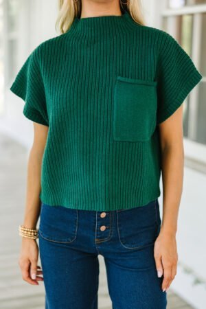 Blackish Green Patch Pocket Ribbed Knit Short Sleeve Sweater - Image 5