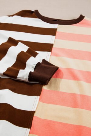 Brown Stripe Color Block Drop Shoulder Pullover Sweatshirt - Image 7