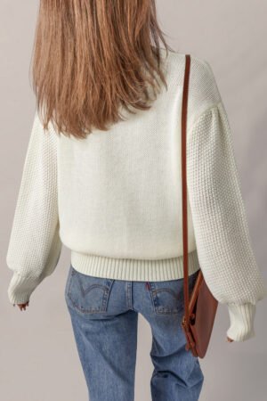 White Flower Detail Round Neck Contrast Textured Puff Sleeve Sweater - Image 2