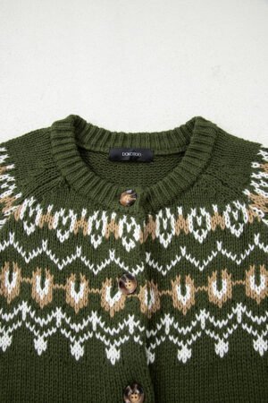 Moss Green Western Fashion Abstract Printed Cardigan Sweater - Image 8