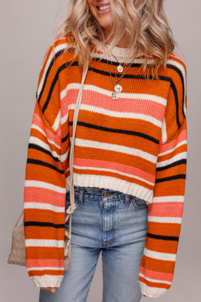 Orange Stripe Drop Shoulder Cropped Pullover Sweater