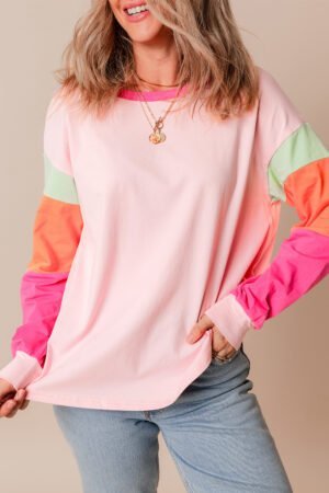 Pink Colorblock Patchwork Long Sleeve Loose Top - Image 4