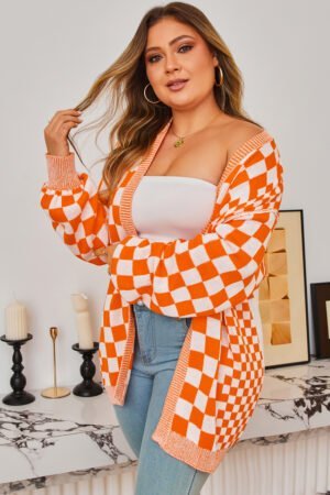Orange Checkered Bubble Sleeve Drop Shoulder Open Cardigan - Image 2