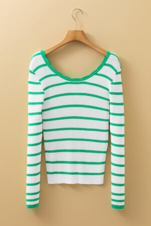Bright Green Scalloped Trim U Neck Striped Ribbed Slim Sweater - Image 4