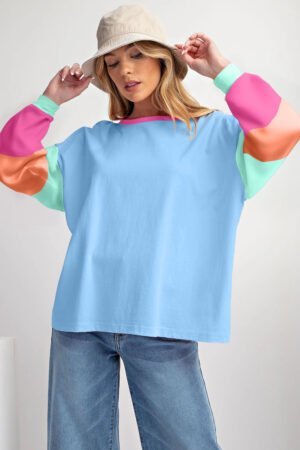 Dark Blue Colorblock Patchwork Long Sleeve Loose Top - Image 5
