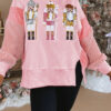 Light Pink Sequin Nutcracker Textured Sleeve Patchwork Color Block Sweatshirt