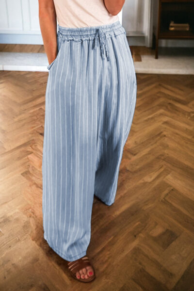 Sky Blue Stripe Chambray Wide Leg Tied Elastic Waist Trousers