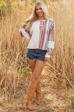 Beige Striped Waffle Patchwork Exposed Seam Raw Edge Casual Knit Top - Image 5