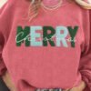 Strawberry Pink MERRY Christmas Chenille Embroidered Corded Sweatshirt