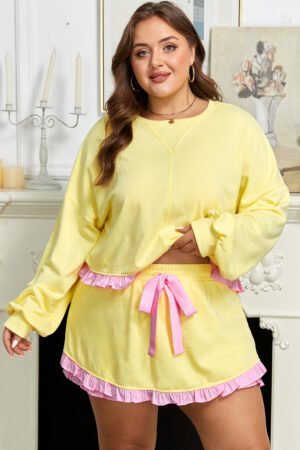 Yellow Contrast Plaid Ruffle Patchwork Pullover Top and Shorts Plus Size Set