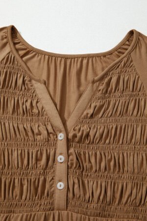 Cinnamon Smocked Bust Buttoned Split V Neck Flow Fit Blouse - Image 8