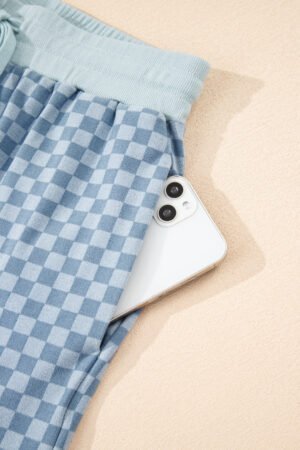 Sky Blue Checkerboard Long Sleeve Pullover and Shorts Set - Image 8