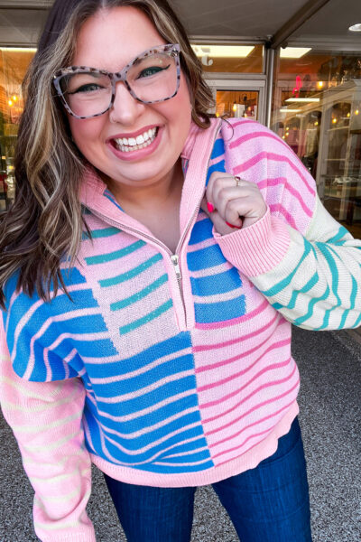 Sky Blue Stripe Colorblock Patchwork Plus Size Half Zip Sweater
