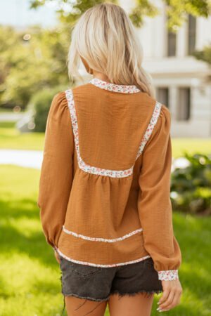 Straw Yellow Split Neck Pleated Floral Trim Long Puff Sleeve Blouse - Image 10