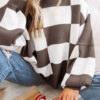 Dark Brown Checkered Bishop Sleeve Sweater
