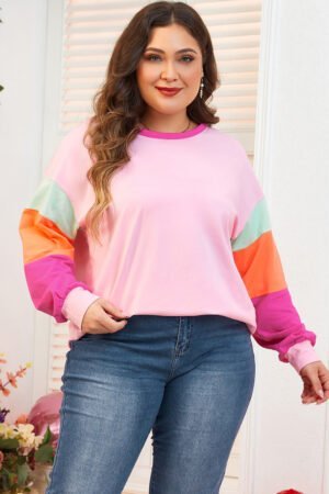 Pink Colorblock Patchwork Long Sleeve Plus Size Top - Image 4