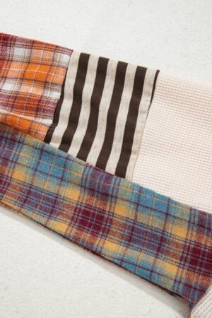 Parchment Plus Size Waffle Colorblock Striped Plaid Patchwork Half Button Pullover - Image 8